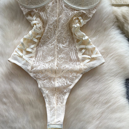 Body Corsetto in Pizzo Floreale con Stringhe Laterali