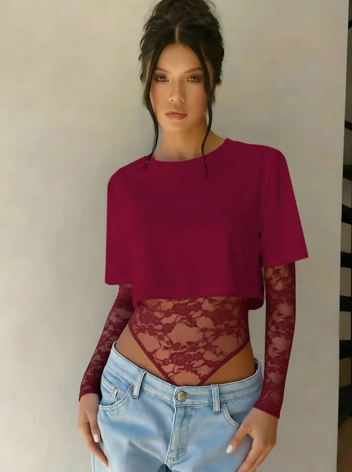 Body Crop Top a Due Strati con Maniche in Pizzo Floreale