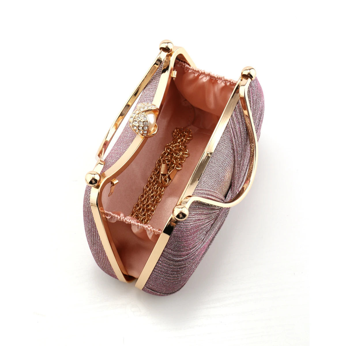 Borsa Clutch da Cerimonia Plissettata con Manico Dorato