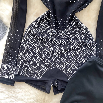 Set Coordinato Top a Maniche Lunghe e Shorts con Strass e Brillantini