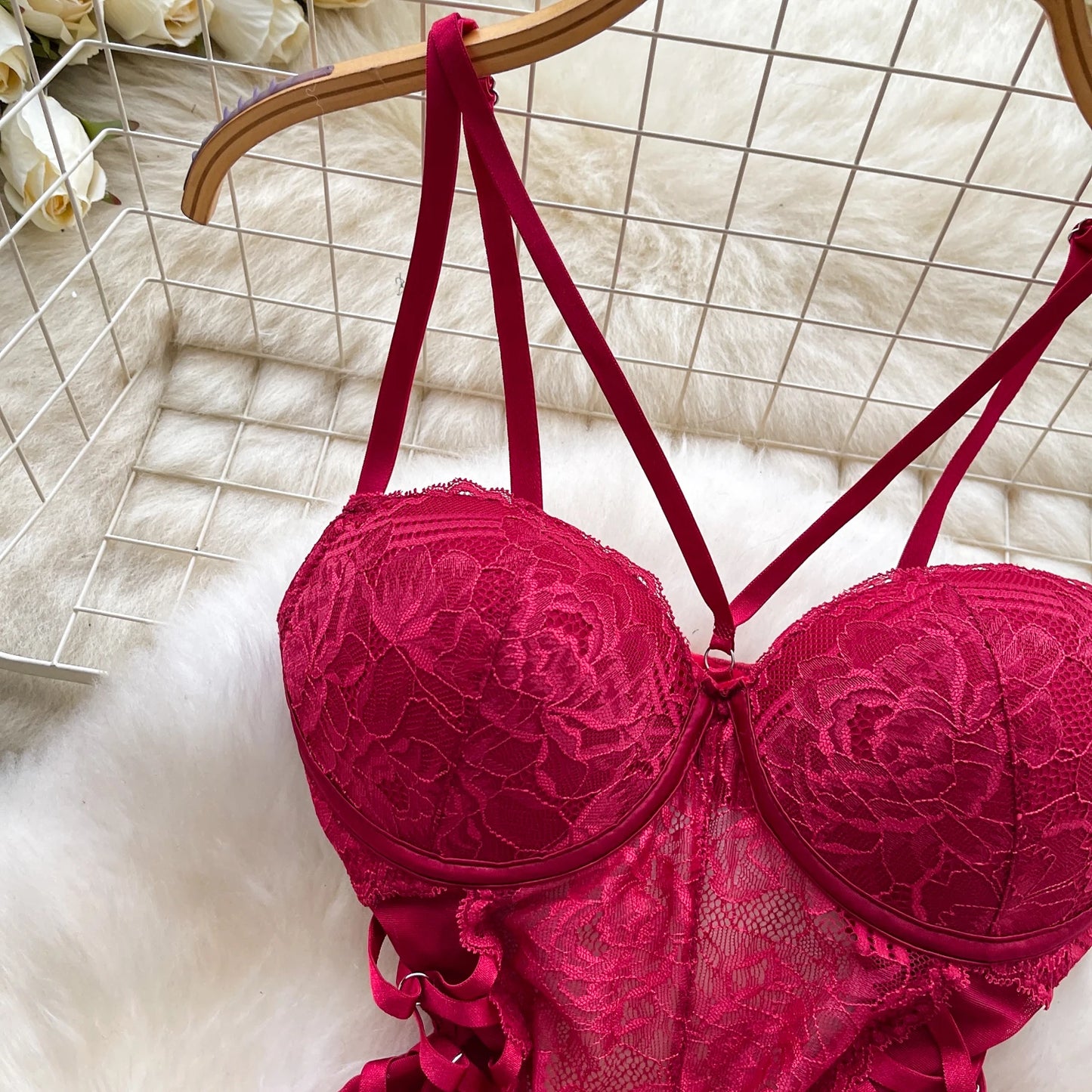 Body Corsetto in Pizzo Floreale con Stringhe Laterali