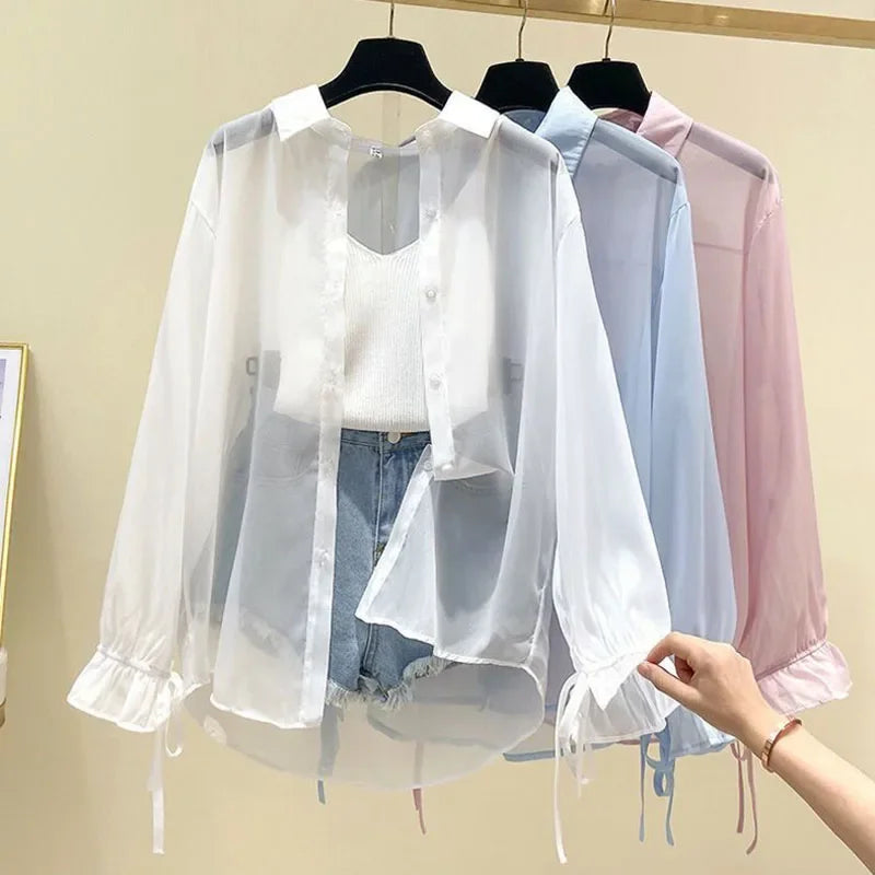 Camicia Oversize in Organza Trasparente con Polsini a Fiocco