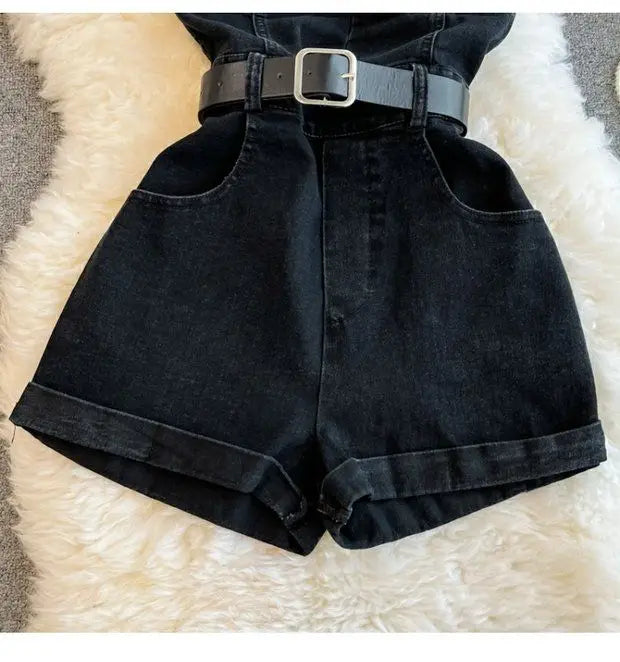 Tuta Corta in Denim Nero con Bustiér e Cintura