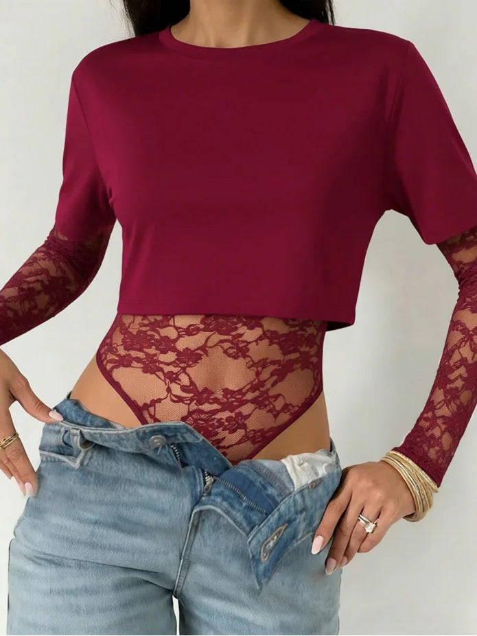 Body Crop Top a Due Strati con Maniche in Pizzo Floreale