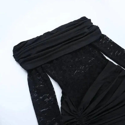 Abito Mini Drappeggiato con Inserto in Pizzo e Scollo a Barca