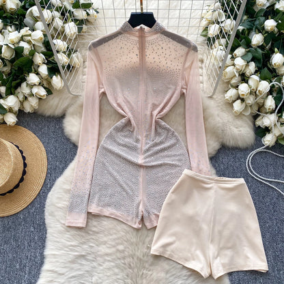 Set Coordinato Top a Maniche Lunghe e Shorts con Strass e Brillantini
