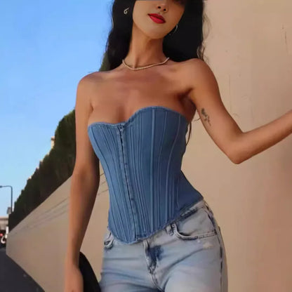 Top Corsetto in Denim Senza Spalline