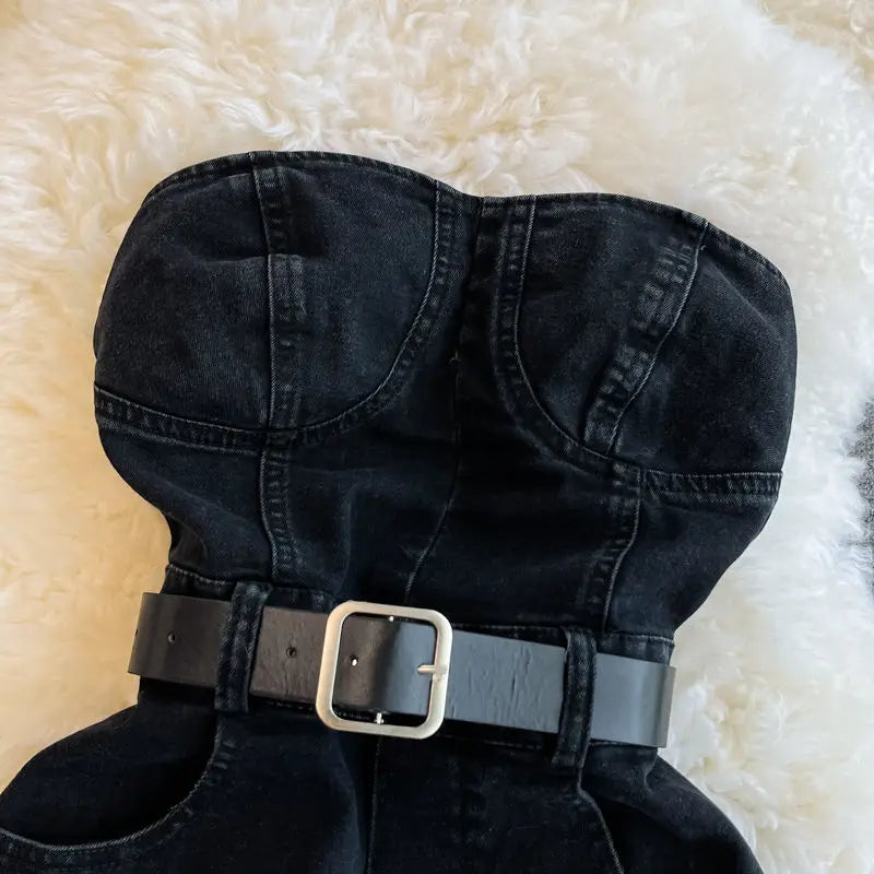 Tuta Corta in Denim Nero con Bustiér e Cintura