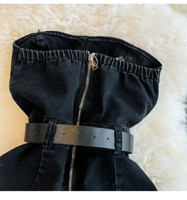 Tuta Corta in Denim Nero con Bustiér e Cintura
