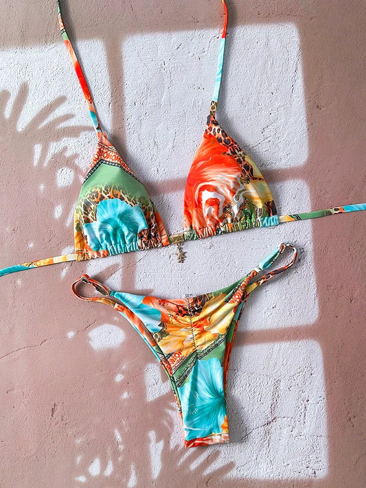 Bikini a Triangolo con Stampa Etnica Colorata