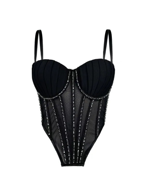 Body Corsetto Nero con Strass e Brillantini