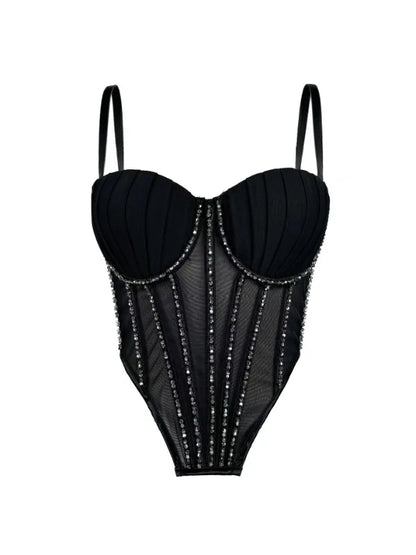 Body Corsetto Nero con Strass e Brillantini