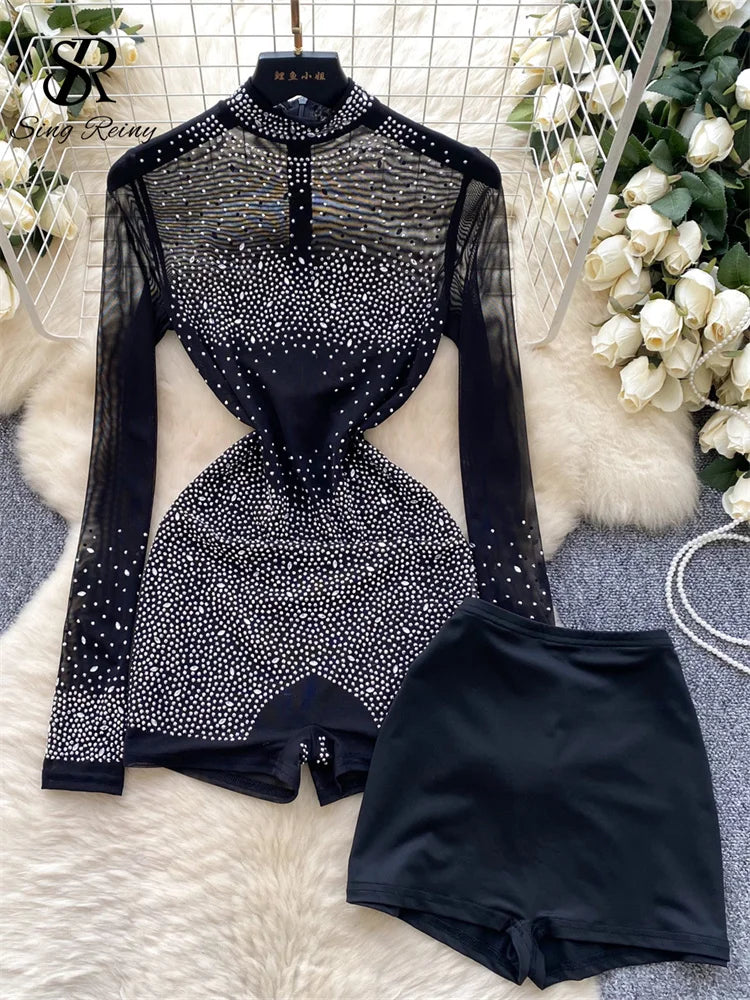 Set Coordinato Top a Maniche Lunghe e Shorts con Strass e Brillantini