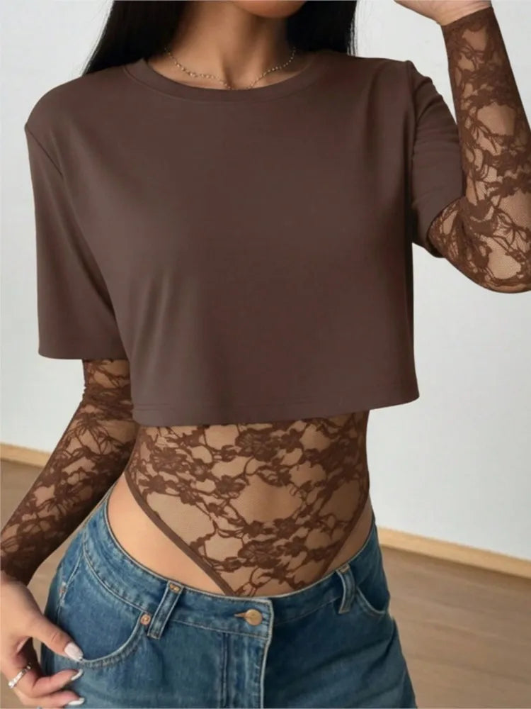 Body Crop Top a Due Strati con Maniche in Pizzo Floreale