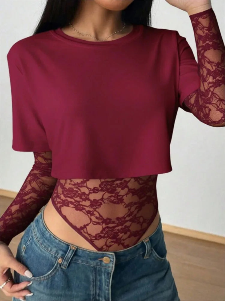 Body Crop Top a Due Strati con Maniche in Pizzo Floreale