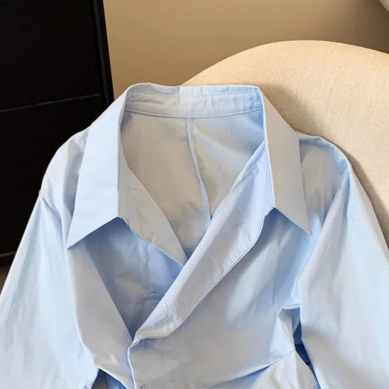 Camicia Azzurra a Incrocio con Dettaglio Drappeggiato