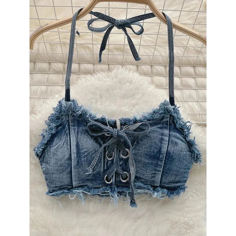 Bikini in Denim Sfrangiato con Intreccio Frontale