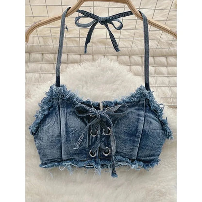 Bikini in Denim Sfrangiato con Intreccio Frontale