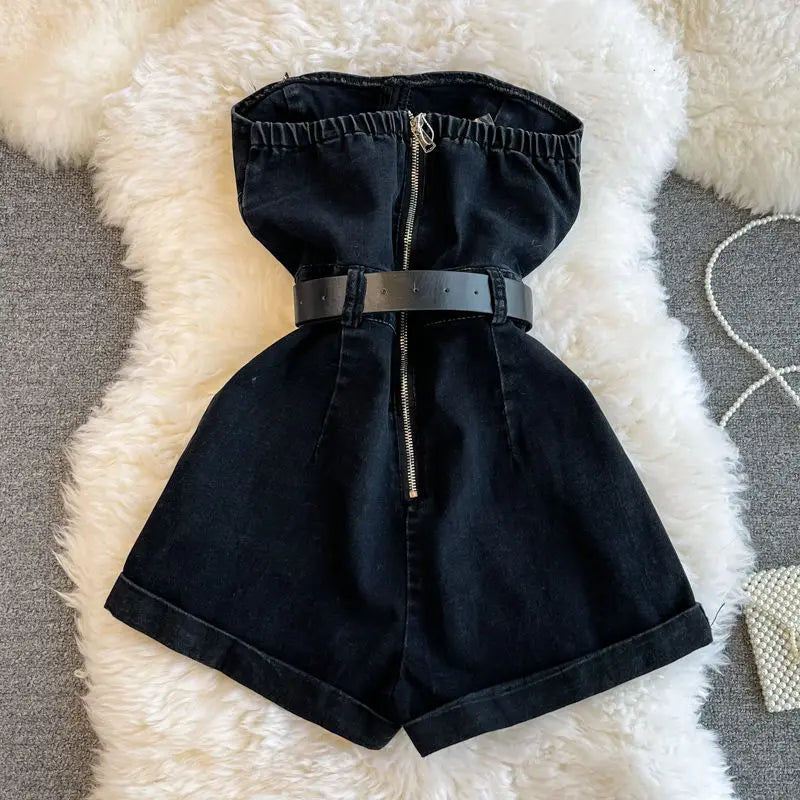 Tuta Corta in Denim Nero con Bustiér e Cintura