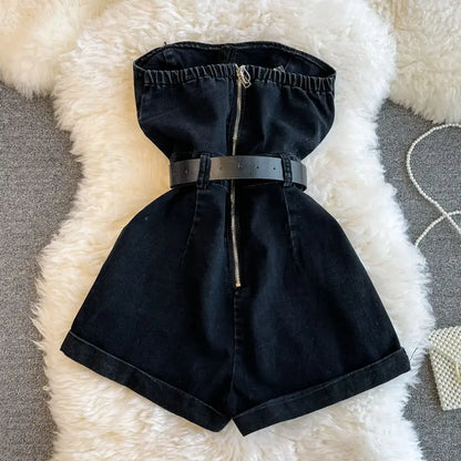 Tuta Corta in Denim Nero con Bustiér e Cintura
