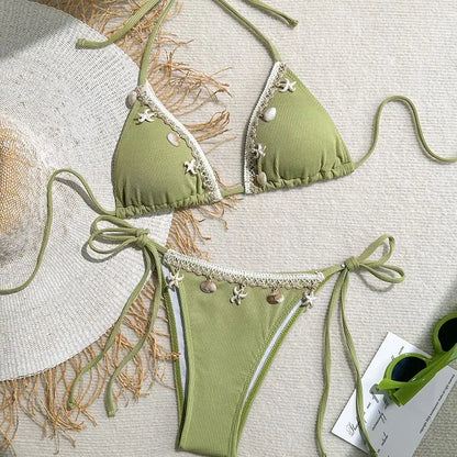 Bikini a Triangolo "Ocean Pearl" con Conchiglie e Perline
