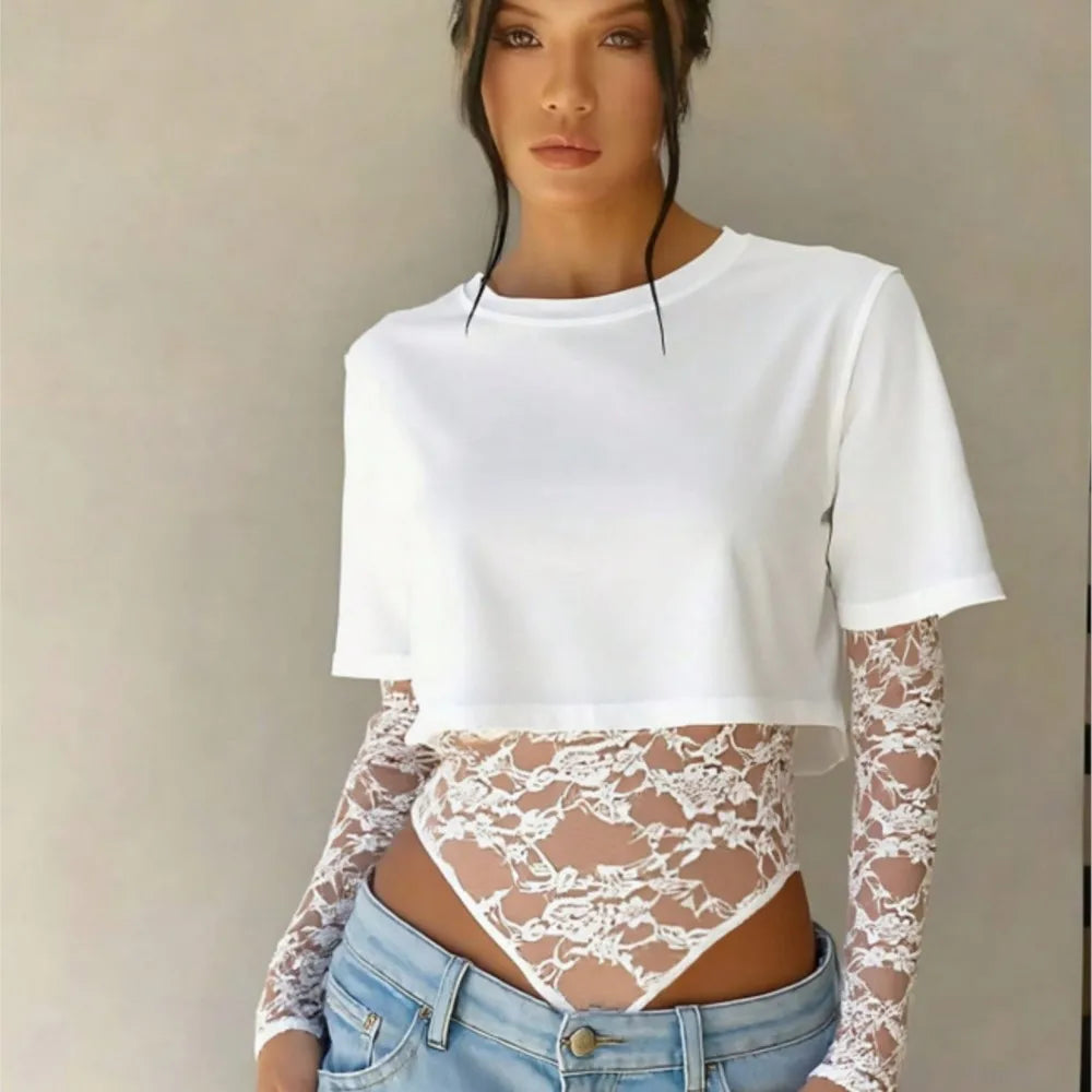 Body Crop Top a Due Strati con Maniche in Pizzo Floreale