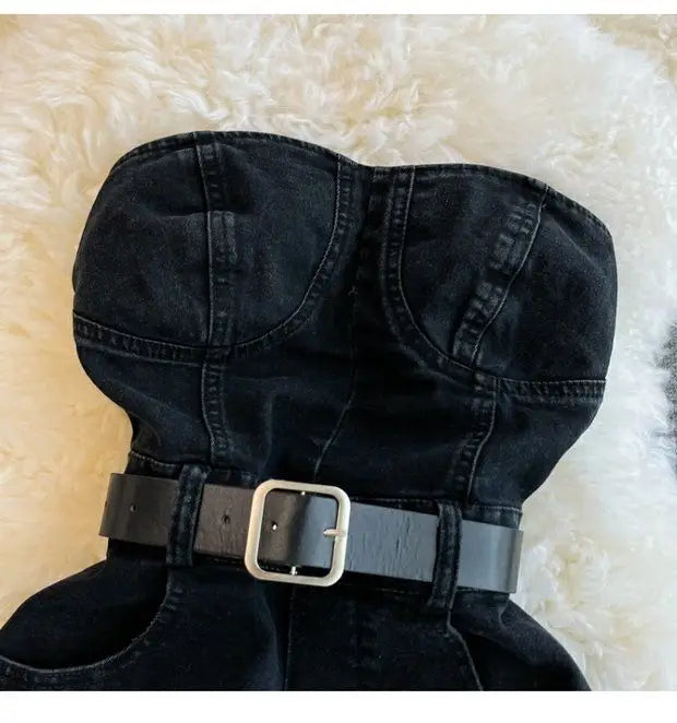 Tuta Corta in Denim Nero con Bustiér e Cintura