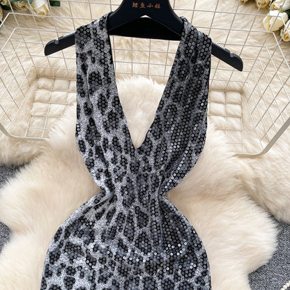 Abito Mini Leopardato con Paillettes - Scollo a V