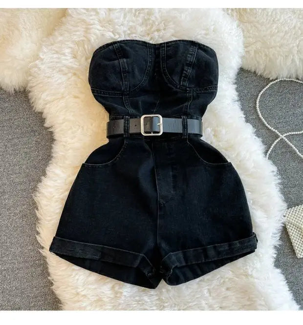 Tuta Corta in Denim Nero con Bustiér e Cintura