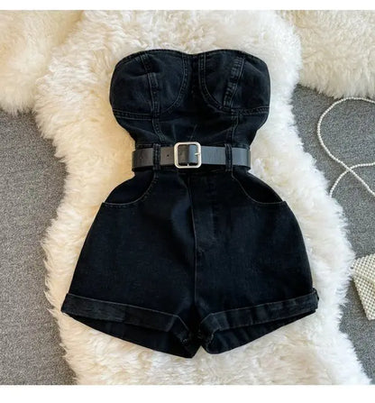 Tuta Corta in Denim Nero con Bustiér e Cintura