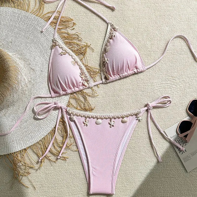 Bikini a Triangolo "Ocean Pearl" con Conchiglie e Perline