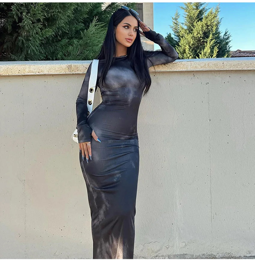 Abito Maxi Aderente in Mesh con Stampa Sfumata