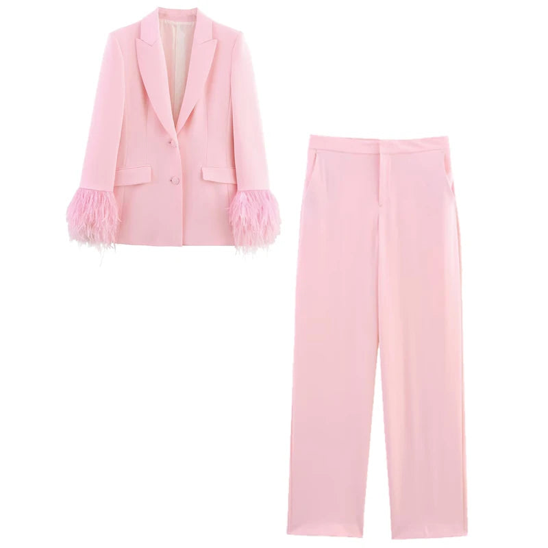 Coordinato Blazer e Pantalone Rosa Cipria con Piume