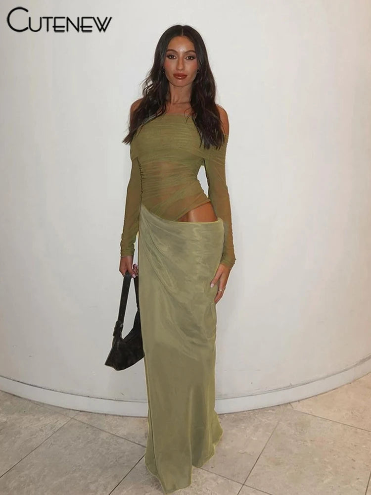 Vestito Elegante da Sera con Spalle Scoperte e Dettaglio Mesh Trasparente
