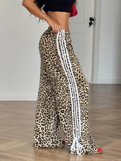 Pantaloni Palazzo Y2K Leopardati con Bande Laterali e Stringhe