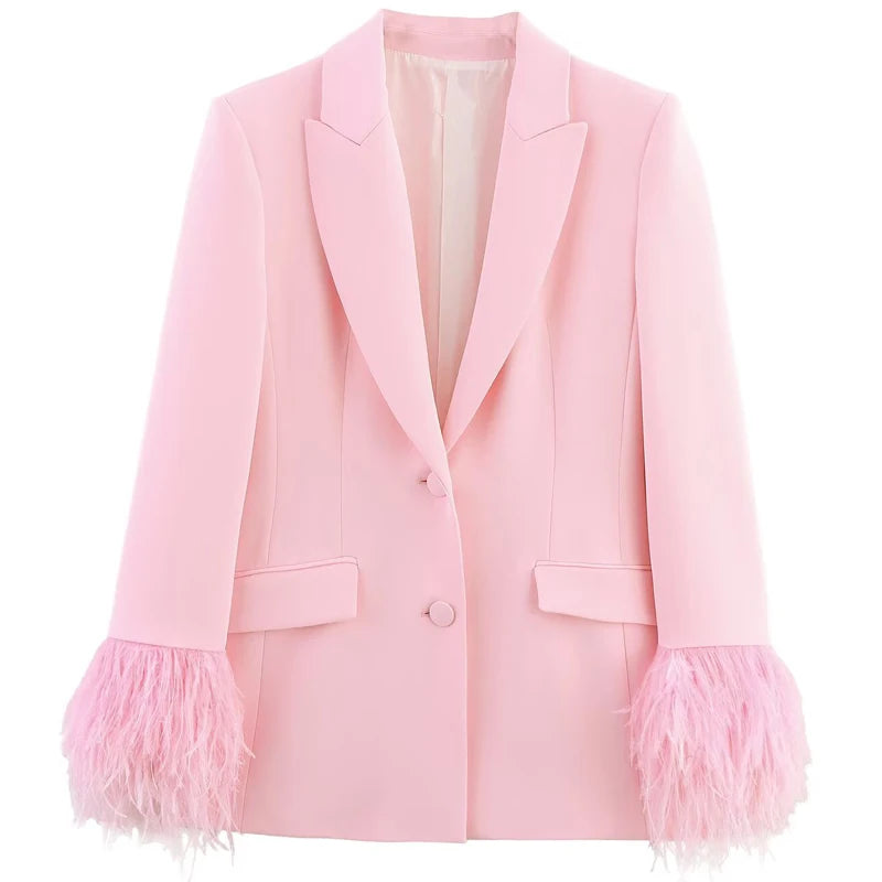 Coordinato Blazer e Pantalone Rosa Cipria con Piume