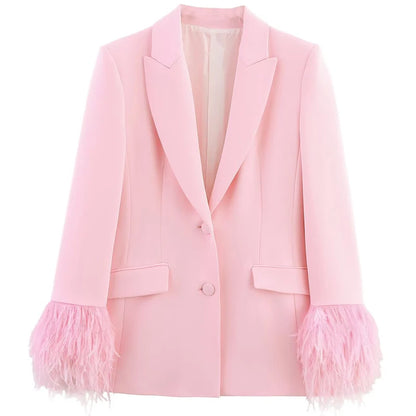 Coordinato Blazer e Pantalone Rosa Cipria con Piume