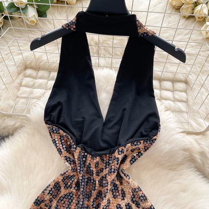 Abito Mini Leopardato con Paillettes - Scollo a V