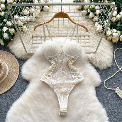 Body Corsetto in Pizzo Floreale con Stringhe Laterali