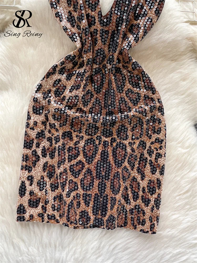 Abito Mini Leopardato con Paillettes - Scollo a V