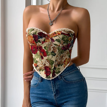 Top Corsetto Floreale con Stringhe Posteriori