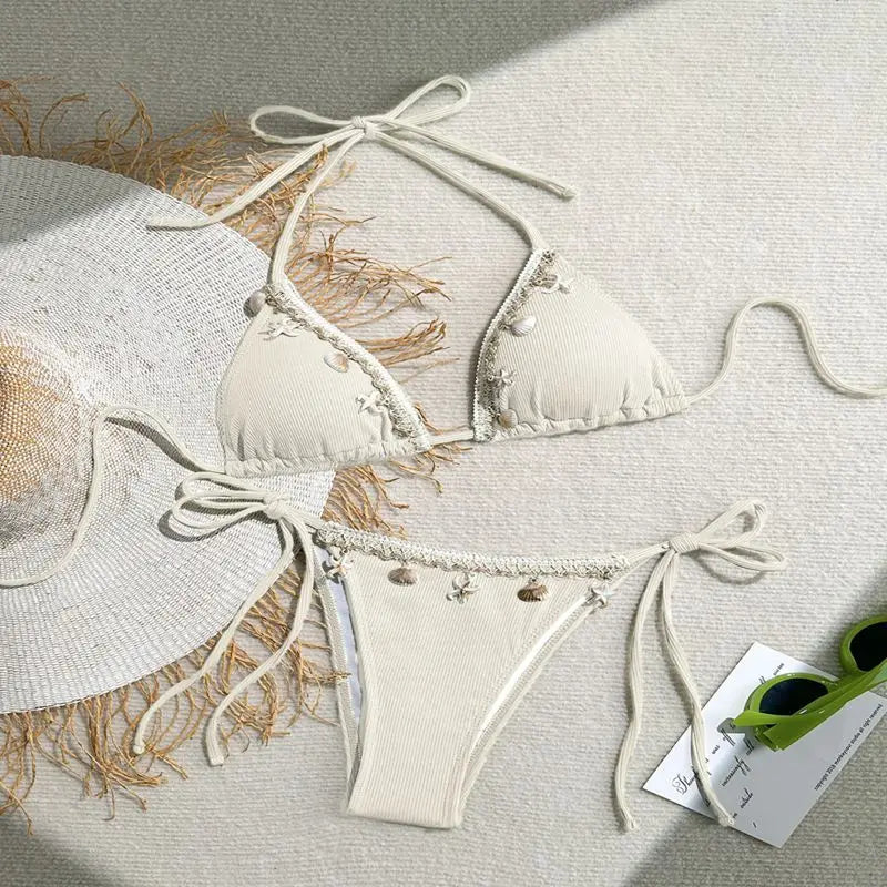 Bikini a Triangolo "Ocean Pearl" con Conchiglie e Perline
