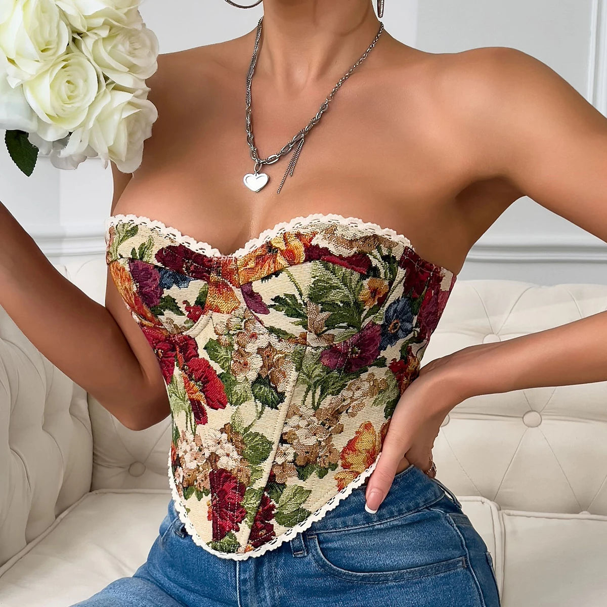 Top Corsetto Floreale con Stringhe Posteriori