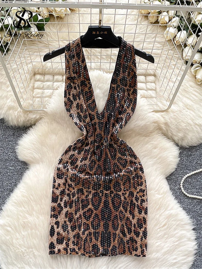 Abito Mini Leopardato con Paillettes - Scollo a V