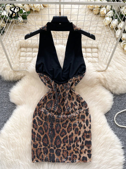 Abito Mini Leopardato con Paillettes - Scollo a V