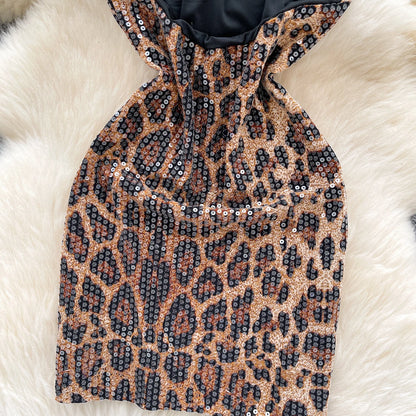 Abito Mini Leopardato con Paillettes - Scollo a V