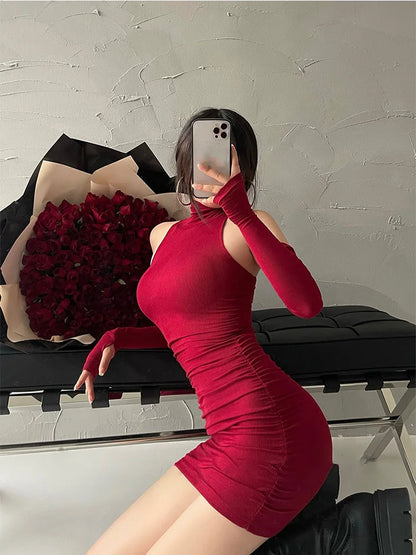 Vestito Corto Bodycon a Collo Alto con Maniche Staccabili e Guanti Coordinati