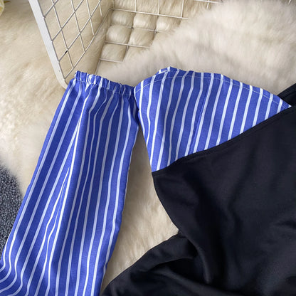 Vestito con Dettaglio Camicia Rigata e Drappeggio