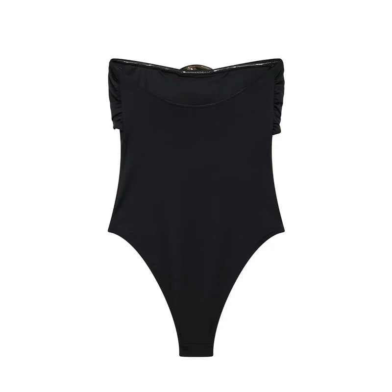 Body Donna a Fascia Nero con Dettaglio Gioiello