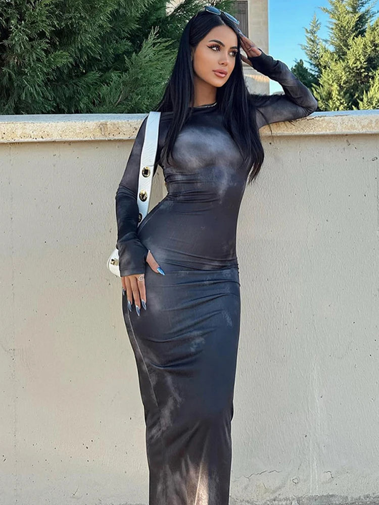 Abito Maxi Aderente in Mesh con Stampa Sfumata